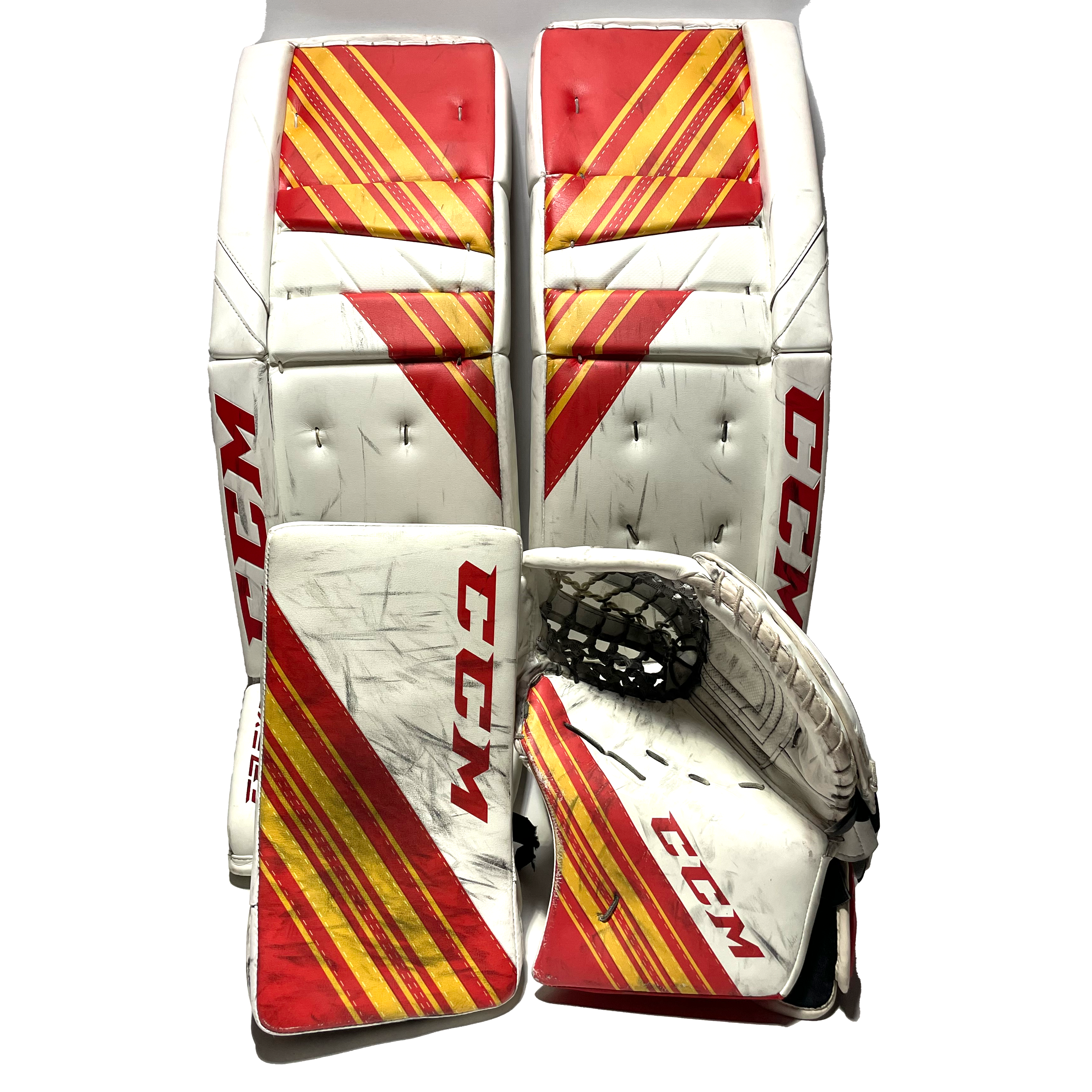 CCM Extreme Flex 5 - Ensemble de gardien de but Pro Stock d'occasion (blanc/rouge/jaune)
